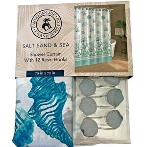 Caribbean Joe Coastal Fabric Shower Curtain and 12 Shell Hooks Salt Sand Sea